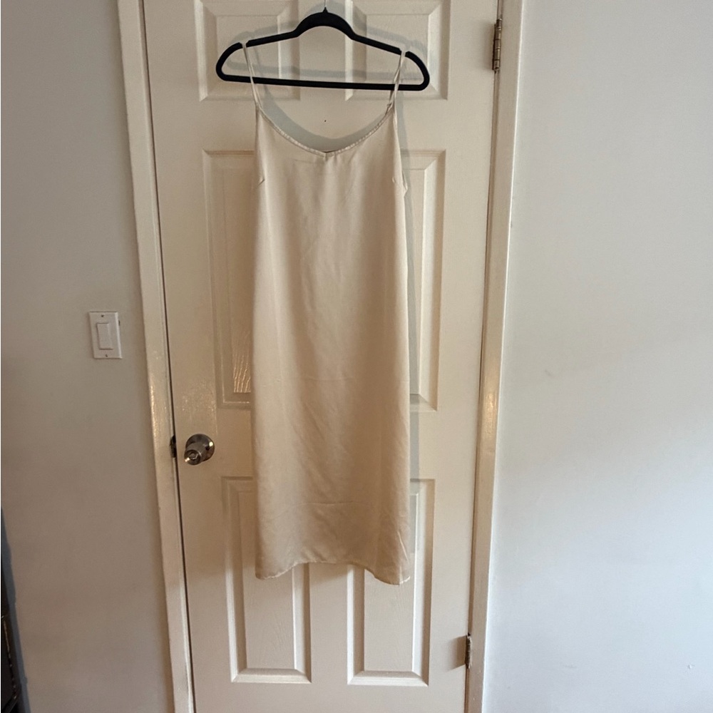 Vintage Champagne Satin Slip Midi Dress Strappy XL fits M/L